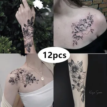 12 Lapas Ziedu Tetovējumu Uzlīmes, Roku, Krūšu Pagaidu Tetovējums Ūdensizturīgs Viltus Tetovējums