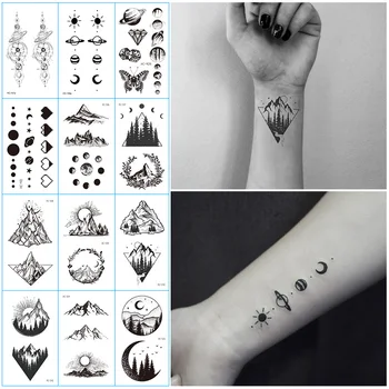 12pcs Mazas Ģeometriskas Planētas Modes Pagaidu Tetovējumu Uzlīmes, Ūdens Nodošanu Tetovējums Minimālisma Saule, Mēness Dizaina Viltus tetovējums Sievietēm