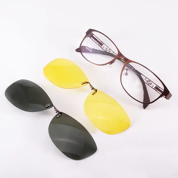 Brilles rāmis Dāmas Ovāls Brūns Metāla Magnēta Klipsi Brilles Tuvredzība Polarizētās Saulesbrilles, Anti-UV dzeltenā Nakts Redzamības Brilles
