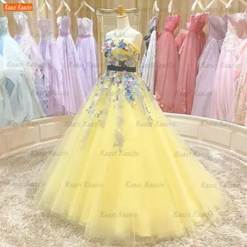 Bumbu Kleita Dzeltenā Krāsā Kāzu Kleitu Sievietēm 2022 Vestido De Noiva Princesa Tilla Appliqued Kāzu Kleitas Pielāgota Hochzeitskleid