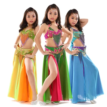 Bērni Skatuves Sniegumu Vēdera Dejas Drēbes 3-gabals, kas Austrumu Apģērbs Krūšturi, Jostas, Svārki Meitenēm Fāzēm Vēdera Deju Kostīmu #868