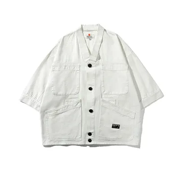 Cityboy Japānas Kimono Apkakle Krekls Vīriešiem Harajuku Streetwear Modes Vintage Zaudēt Gadījuma Īsām Piedurknēm Krekli Vīriešu Krekls Top Coat