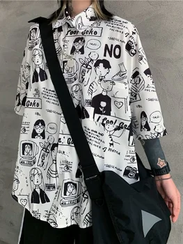 Deeptown Harajuku Anime Drukāt Krekls Sievietēm Korejas Kawaii Vintage Grafikas Tees Blūze Lielajam Top Jaka Pogu Up Krekli Sieviešu