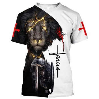 Dieva Reliģija Jēzu Kristu, Un Lauva 3D Drukas Vīriešu T-krekli 0-Apkakli, Īsām Piedurknēm Streetwear Mīksti Topi, t-veida Negabarīta T Krekli 6XL