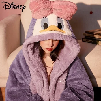 Disney Daisy Duck Sniegbaltīte Ziemas Koraļļu Samta Naktsveļu Pāris MenThickened Peldmētelis Sleepwear Kapuci Sieviešu Pidžamas Uzvalks