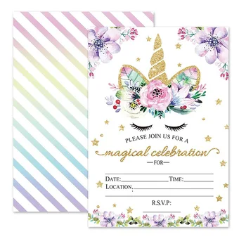 Dzimšanas Dienas Svinības Apdare Ielūgumu Kartes Magic Unicorn Ziedlapiņu Zvaigžņu Aploksnē Kartes Meitene Unicorn Tēmu Puse Ielūgumi