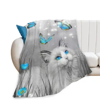 Gudrs Kaķis ar Zilām Acīm, Tauriņš Flaneļa Mest Segu Super Soft par Dīvānu Dīvāna Segu, Karalis, Karaliene Pilna Izmēra Viegls