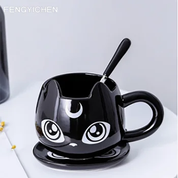 Karikatūra Kafijas Tases Melnais Kaķis, Krūze ar Karoti Ēdienus, kas Atbilstu Radošo Gudrs Keramikas Krūzes Lielas Jaudas Mīļotājiem Ūdens Office Drinkware