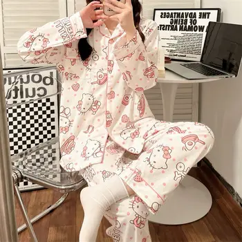 Kawaii Sanrios Pajama Komplekti Karikatūra Anime Hello Kitty Manu Melodiju Kuromi Rudenī Pidžamu Sieviešu Kokvilnas Loungewear