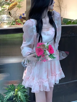 Korejiešu Stilā, Elegants Ziedu Kleitu Sieviete Beach Boho 2022. Gada Rudenī Ar Garām Piedurknēm Gadījuma Mini Kleita Šiks Slim Salds Īss Puse Kleita