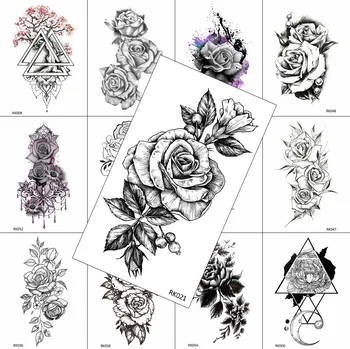 Melns Reālistiska Ziedu Pagaidu Tetovējumu Uzlīmes Sievietēm Viltus Rotaslietas Body Art Mazgājams Tetovējums Rožu Roku Tatoos Zīmēšanas Lapa