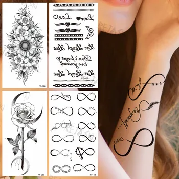 Melnā Bezgalība Pagaidu Tetovējumiem Sievietēm, Meitenēm Reāli Saule Ziedu Rožu Vēstuli Viltus Tetovējumu Uzlīmes Ūdensizturīgs Roku Tatoos
