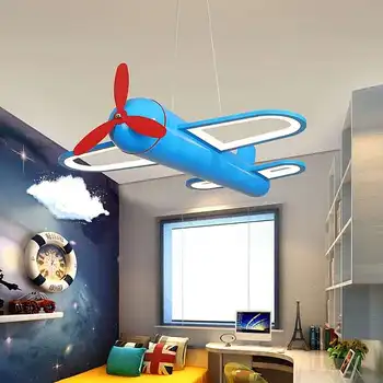 Mūsdienu LED Lustras Lidmašīna, Dzeltens, Zils Piekariņu gaismas Spīdumu Bērniem Bērniem Bērnu Zēniem Krāsains Sākuma Gaisa kuģa Karikatūra lampas
