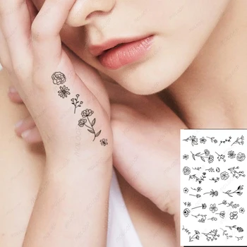 Pagaidu Tetovējumu Uzlīmes Melnā Ziedi Ģeometrija Totem Karikatūra Modelis Viltus Tetovējumiem Ūdensizturīgs Tatoos Pirkstu Maza Izmēra Sieviešu