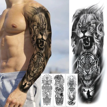 Pilnu Roku Pagaidu Tetovējumiem Piedurknēm, Uzlīmes, Japāņu Geišas Totem Tīģeris, Lauva Pagaidu Tetovējums Vīriešiem, Sievietēm, Pieaugušajiem Viltus Tetovējumiem