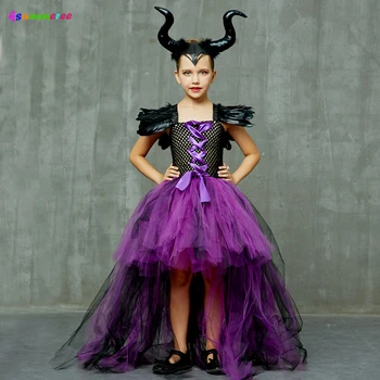 Purple Black Bērniem Tumši Velna Kostīms Meitenēm Ļauno Raganu Nelietis Halloween Masku Tutu Kleitu Vakara Puse Karnevāls, Balles Kleitas