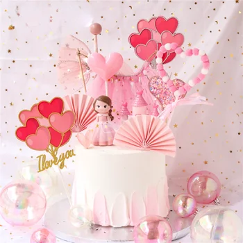 Rozā Princese Kūka Toppers Dzimšanas dienu, Kāzu svinības, Apdares Pils Sirds Cupcake Toppers Valentīna Diena Cepšanas Piederumi
