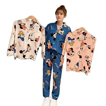 Sieviešu Zaudēt Pajama Komplekti Kokvilnas Pijama Mickey Mouse Sleepwear Dāma Ar Garām Piedurknēm Rudens Pavasara Naktsveļu Femme 2 Gabali Komplekti, Disney