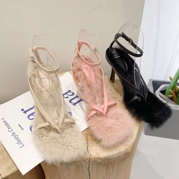 Xibeilove 2022 Jaunu Sieviešu Sandales Modes Kažokādas Fiksējošā Sprādze Ērti Outwear Augstiem Papēžiem Sandales Mājas Apavi
