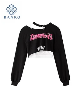 Y2K Harajuku Strapless Jaunās Drukas Nelegālo Raibs Crop Topi ar garām Piedurknēm E-meitene T-krekls Sievietēm Punk Stilu Gothic Tee Streetwear