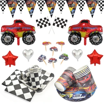 Zēns Sacīkšu auto Dzimšanas dienas svinības Blaze Monstru Mašīnas Tēma Vienreizējās lietošanas Galda piederumi Kausa Plāksnes Puse, baloni dekori Piederumi