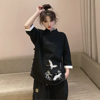 Ķīnas Tradicionālo Casual Zaudēt Sieviešu Hanfu Melns Tops Harajuku Vintage Ķīniešu Stila Celtni, Izšūtām Kokvilnas Veļa Tang Uzvalks Jaunas