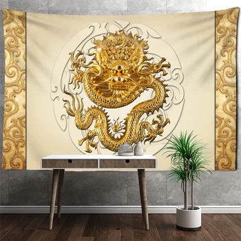 Ķīniešu Mitoloģijā Golden Dragon Totem Krāsains Griešanai Gobelēns Noslēpumaina Psychedelic Mandala Interjera Dekoru, Sienas Karājas