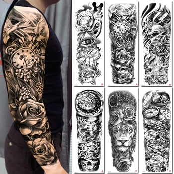 Ūdensnecaurlaidīgus Pagaidu Tetovējumu Uzlīmes Totem Lion Crown Galvaskausa Pilnas Rokas Liela Izmēra Piedurknēm Viltus Tetovējums Flash Tetovējums Vīrieši Sievietes