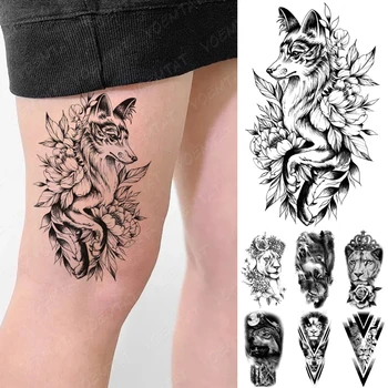 Ūdensnecaurlaidīgus Pagaidu Tetovējumu Uzlīmes Fox Lauva, Tīģeris, Vilks, Peonija, Roze, Ziedi Lapu Flash Tatto Sievietes Vīrieši Body Art Roku Viltus Tetovējumiem